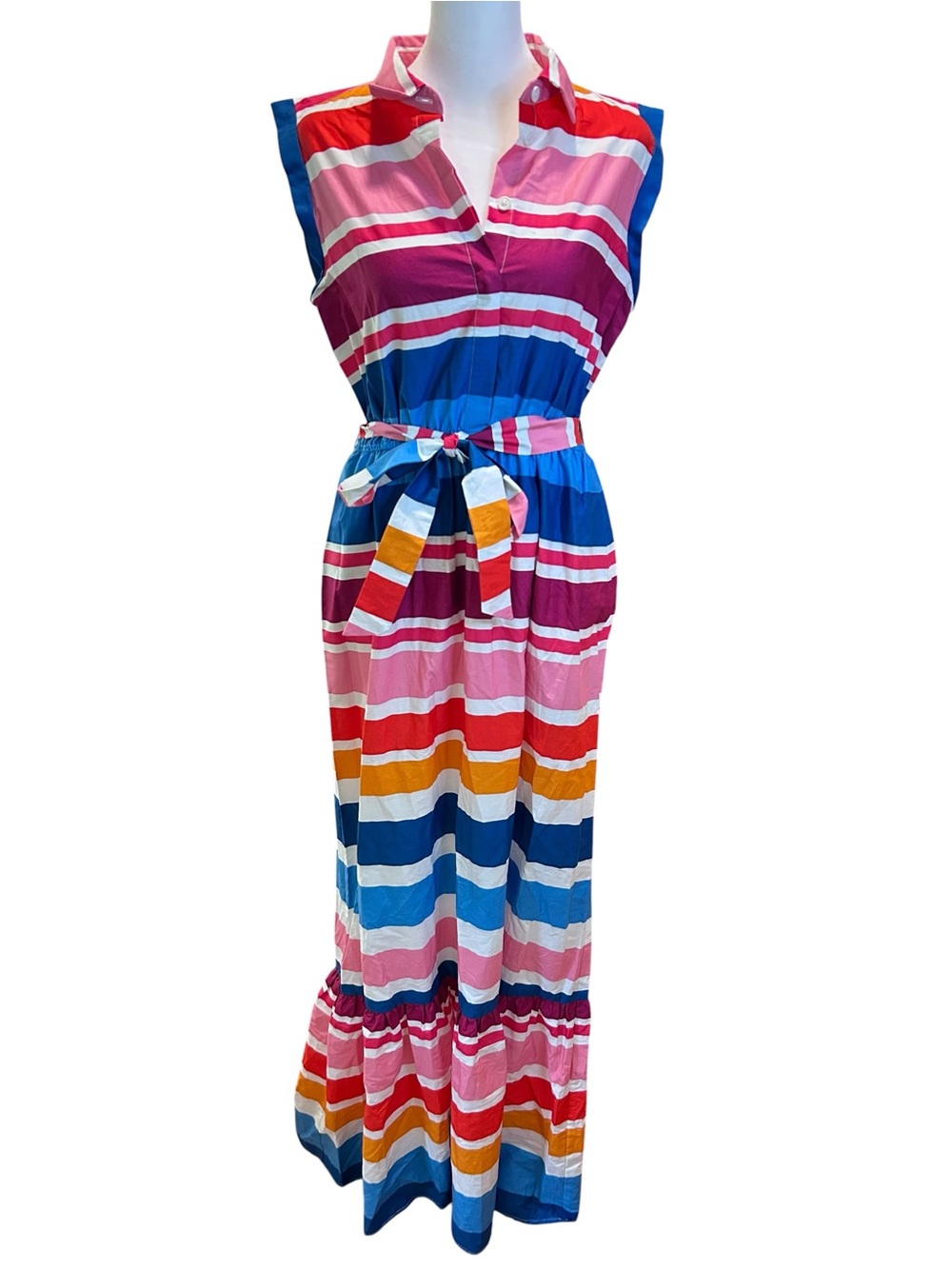 Kensie Colorful rainbow striped Maxi Dress Belted Cotton Sleeveless